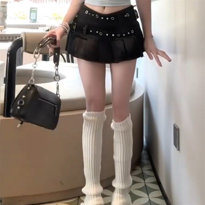 大码美式复古辣妹黑色百褶短裙女2025年新款双腰设计感牛仔半身裙