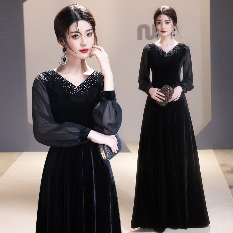 黑色指挥晚礼服丝绒高端艺考大合唱团演出女长裙主持人宴会连衣裙