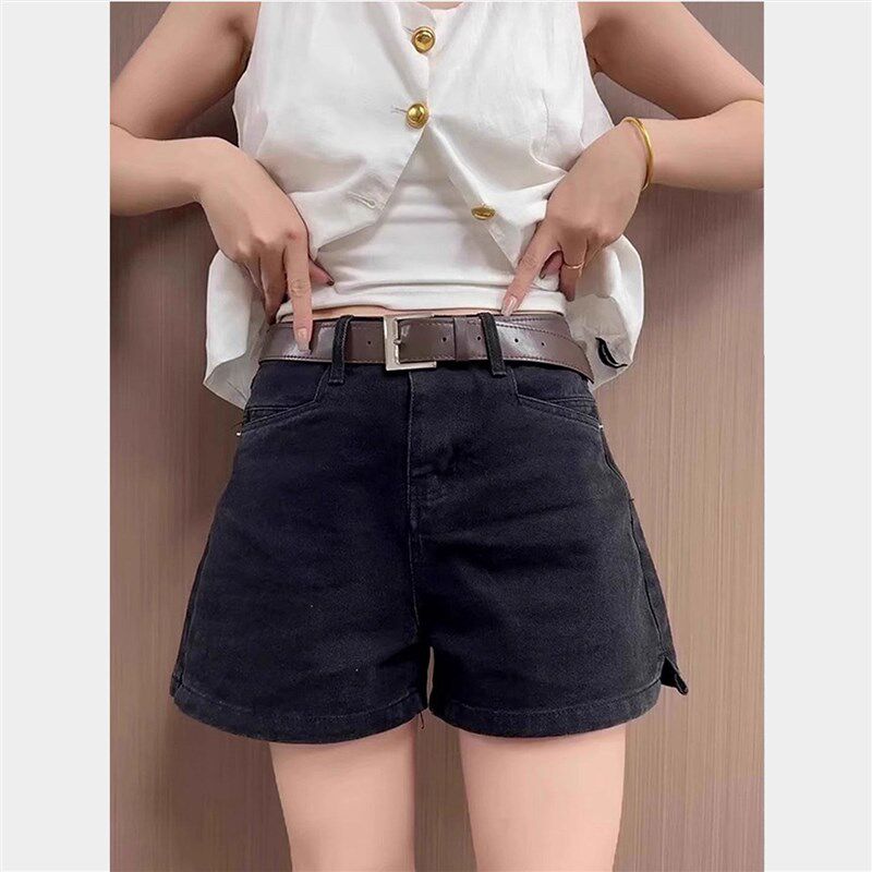 黑色开叉牛仔短裤女夏季薄款大码胖mm小个子高腰显瘦a字阔腿热裤