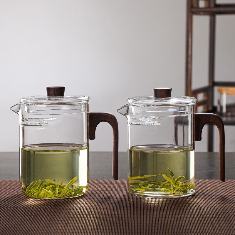 耐热木把月牙杯玻璃家用茶水分离过F滤泡花绿茶煮茶带盖加厚煮茶