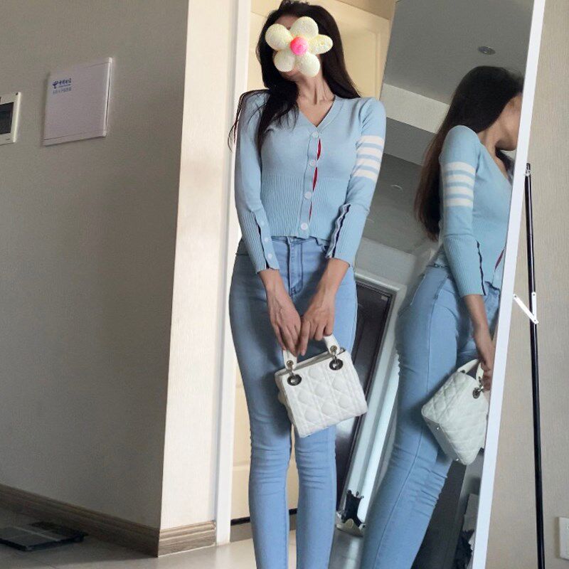enen针织开衫女2022新款秋装修身学院风上衣短款v领100羊毛衫外套