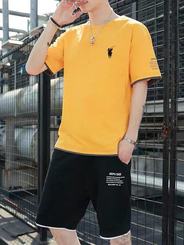 保罗夏季新款男士运动套装圆领短袖T恤短裤三条杠健身服休闲套装