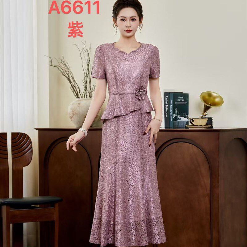 秀丽华服妈妈礼服夏婚宴连衣裙婚礼平时可穿小个子遮肚子红色套装