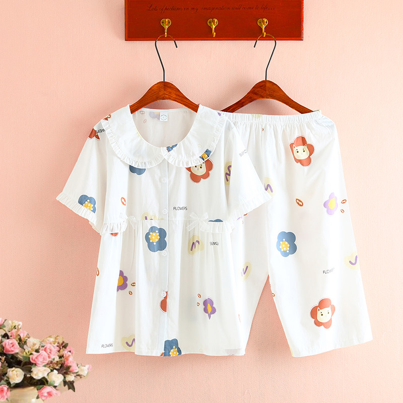 甜美公主100%纯棉布睡衣女夏短袖七分裤卡通可爱斜纹布家居服套装