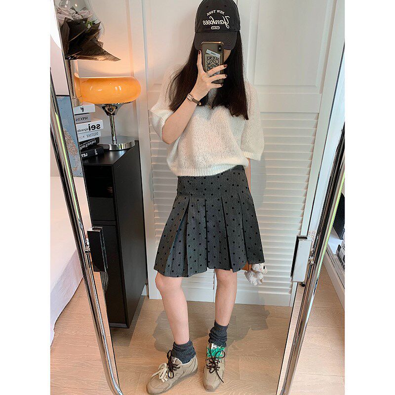 荼白自制 灰色波点百褶半身裙女高腰垂感遮胯显瘦a字西装裙中短裙