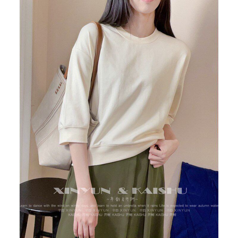 五分袖t恤女短款小个子卫衣半袖圆领薄款纯棉宽松中袖上衣七分袖