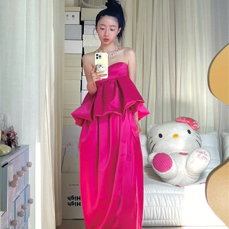 法式抹胸玫红缎面新娘晨袍结婚宴会出阁订婚敬酒晚礼服花苞连衣裙