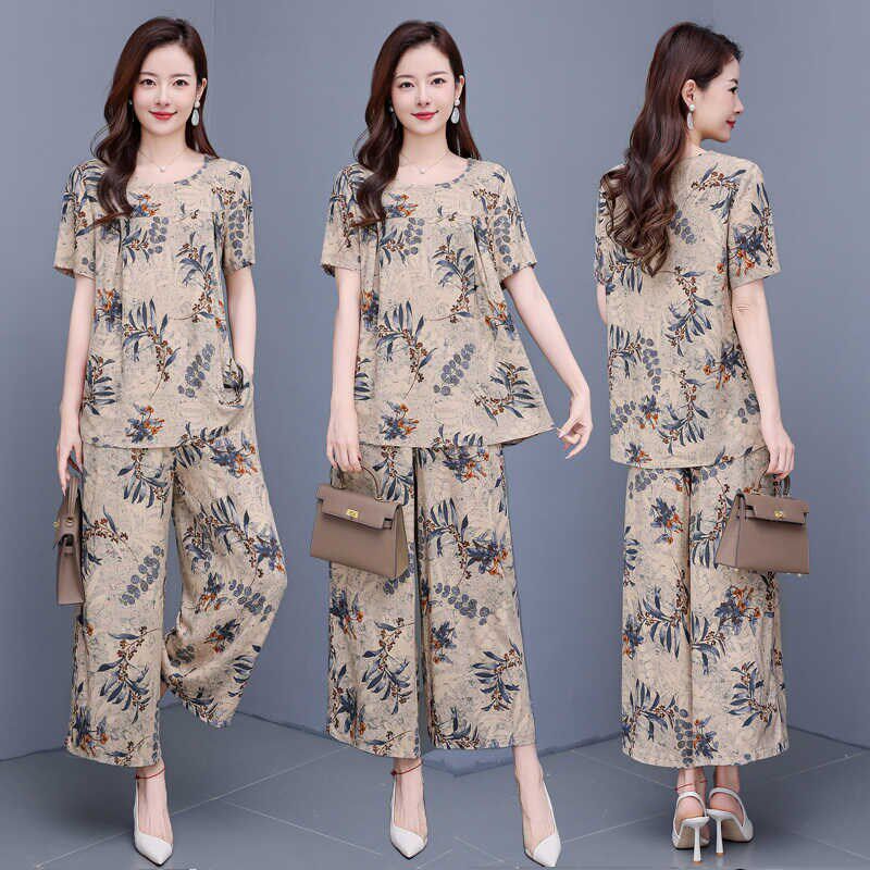 夏季棉绸大码两件套女2024新款妈妈休闲短袖上衣裤子居家外穿套装