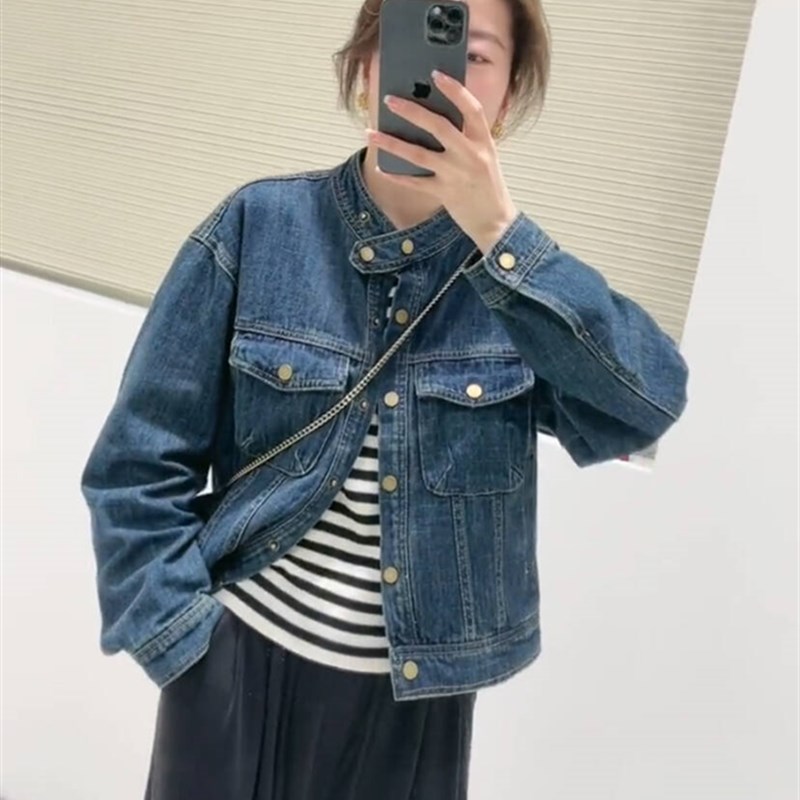 小个子短款立领牛仔外套女2024春秋新款复古港风休闲显瘦夹克上衣