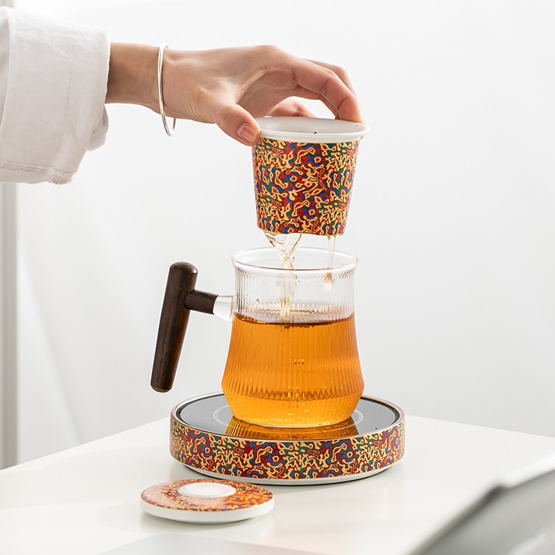 玻璃茶水分离泡茶杯子恒温杯垫保温加热器办O公室带盖过滤喝水杯