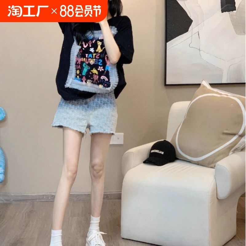 渐变牛仔短裤女夏季新款设计感高腰显瘦J宽松小个子休闲微喇超短