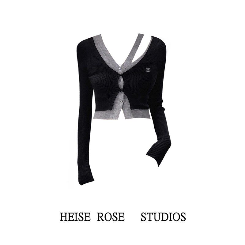 黑色短款假两件不规则设计感长袖针织开衫上衣女秋冬辣妹修身毛衣