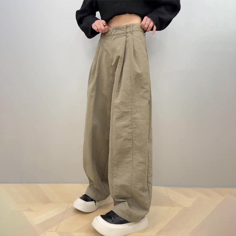 欧货正品卡其色小众窄版阔腿裤女2025年夏季新款小个子显瘦工装裤