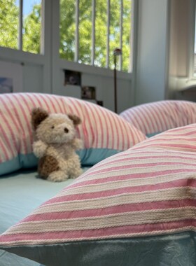 少女心色织水洗棉提花条纹全棉四件套1.K5m1.8蓝色床单三件套