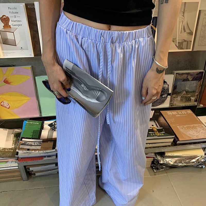 夏季蓝色竖条纹垂感直筒休闲裤女薄款宽松显瘦慵懒风阔腿拖地长裤