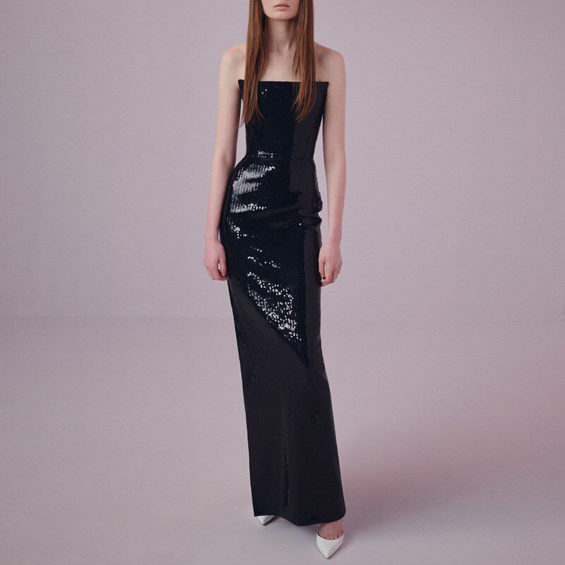 时尚晚礼服长款抹胸2024新款亮片气质简约年会晚宴连衣裙高级质感