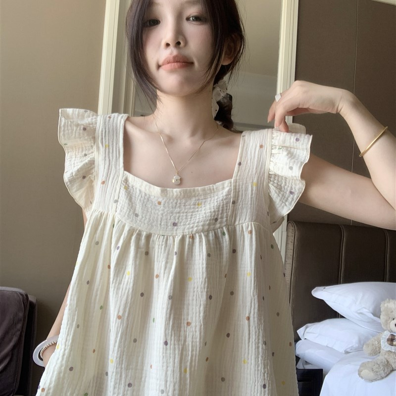 甜美彩色圆点棉纱睡衣套装少女款夏天大码纯棉家居服2024新款夏季