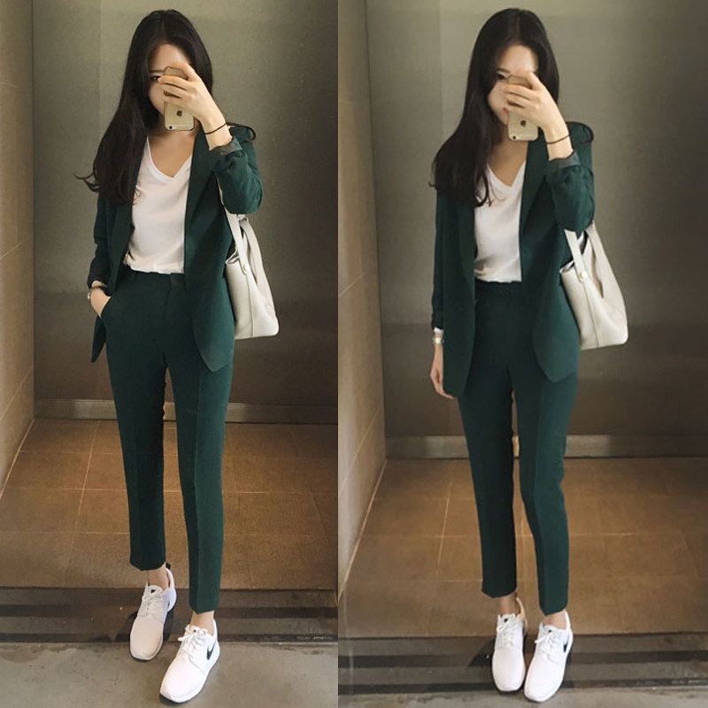 韩国春秋新款气质休闲显瘦小西服外套小脚九分裤西装套装两件套女