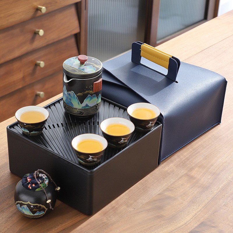 简约便携式c一壶四杯带茶叶罐旅行功夫茶具套装茶盘支持加印logo