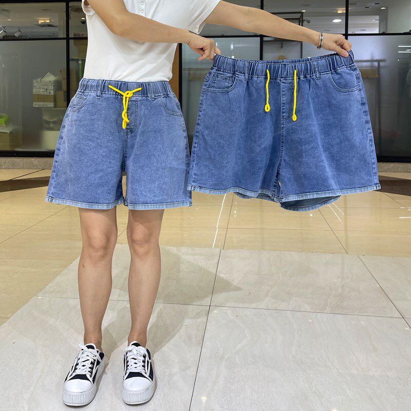 胖mm夏280斤浅色弹力松紧牛仔短裤加肥高腰宽松五分牛仔裤260斤裤