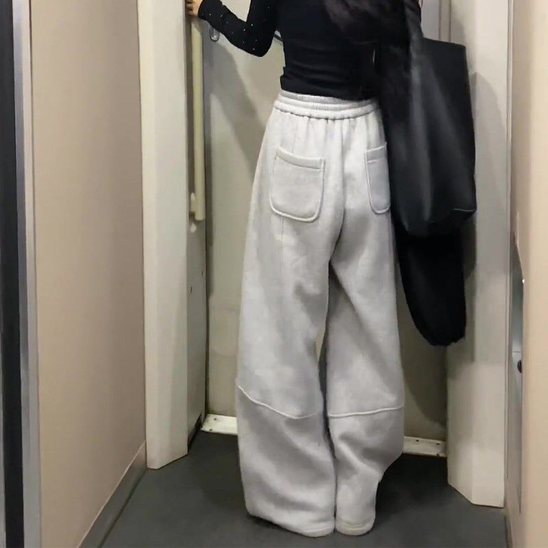 浅灰色休闲风直筒卫裤女2025年春季新款国潮运动松弛慵懒感弯刀裤