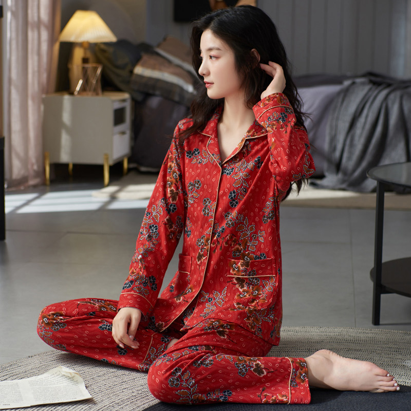 睡衣女春秋款纯棉长袖大红色本命年中老年妈妈秋冬碎花家居服套装
