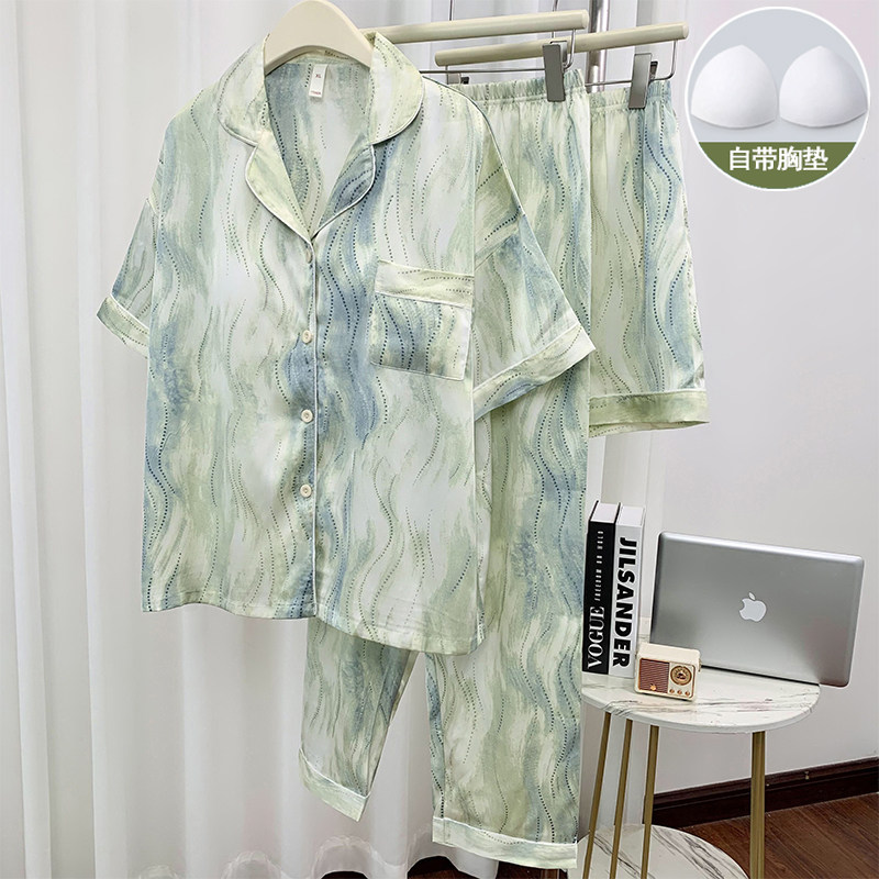 睡衣女款夏季薄款冰丝三件套高档丝绸凉感春秋款可外穿家居服套装