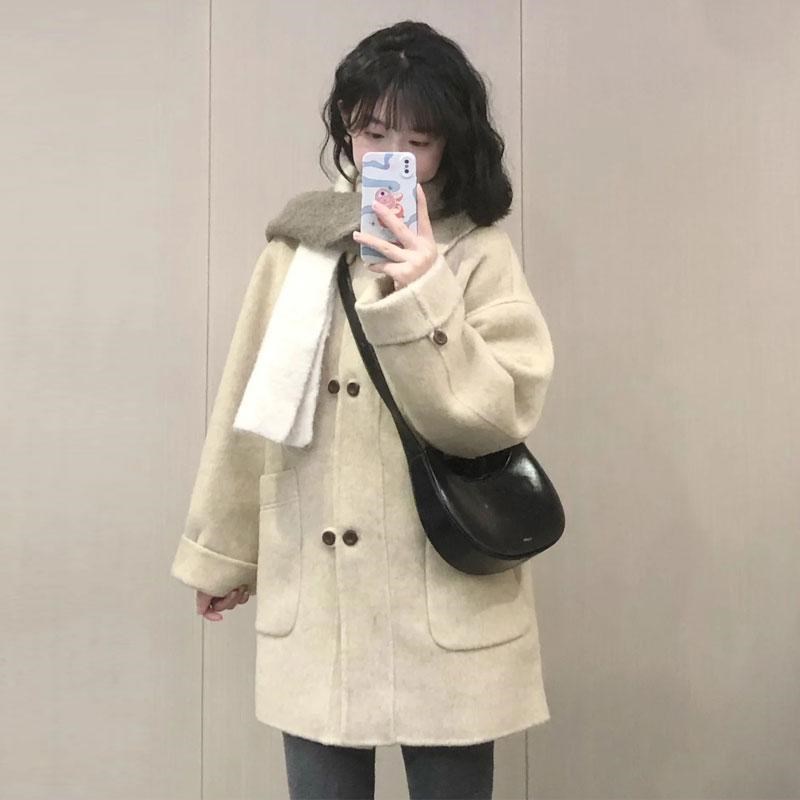 短款米白色呢子大衣女2024新款冬季高级感韩系小个子毛呢外套