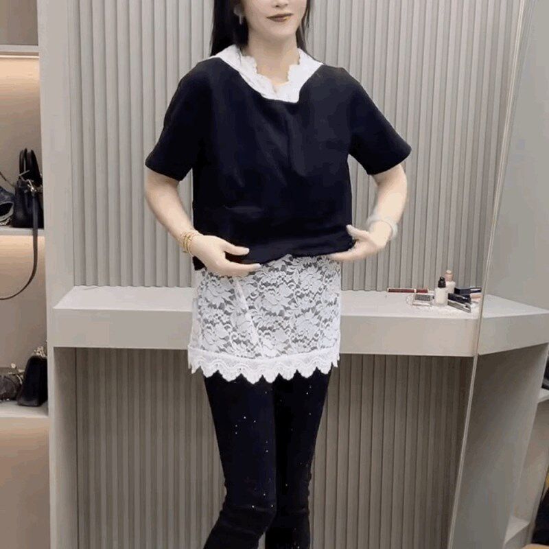 中长款黑色叠穿上衣夏季t恤打底衫潮假两件拼接蕾丝连帽短袖T恤女