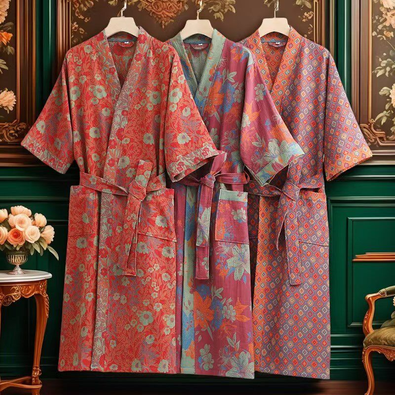 纯棉浴袍双层纱女睡袍全棉家居服春秋季套装中老年妈妈柔软亲肤