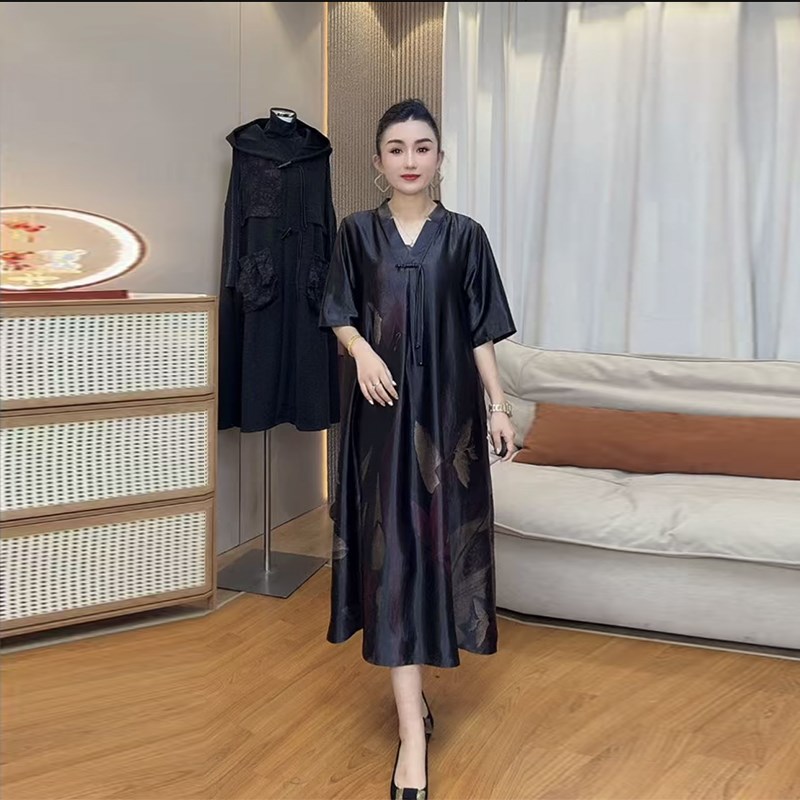 时尚妈妈醋酸真丝缎连衣裙夏季新款国风V领流苏复古印花大码长裙