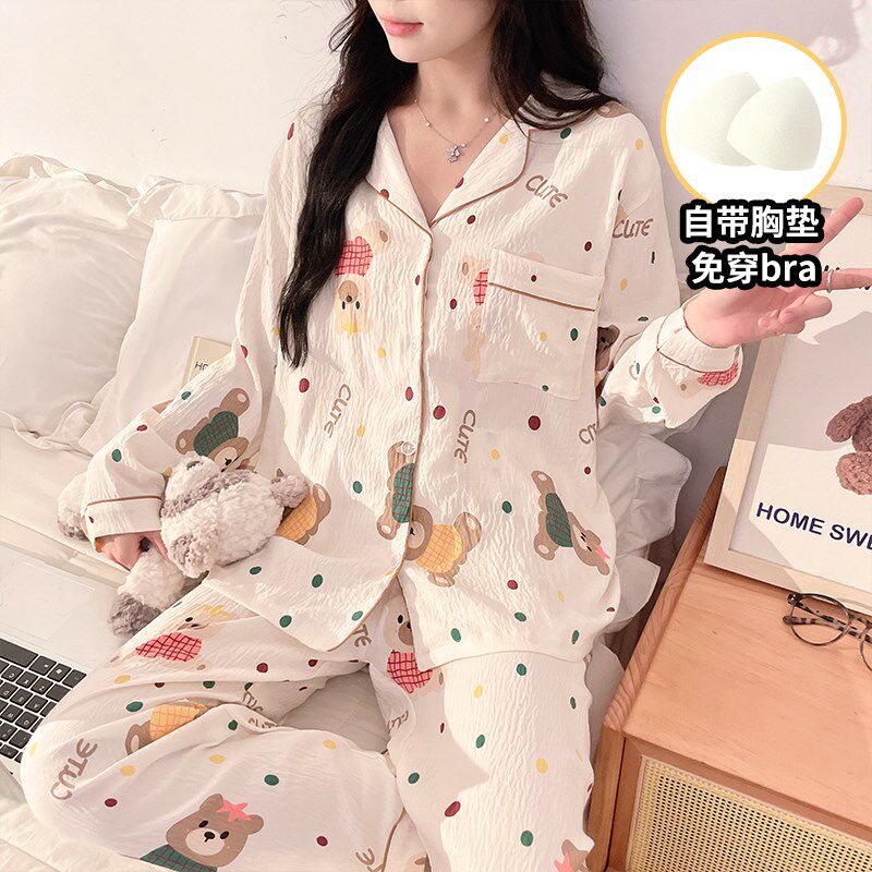 带胸垫睡衣女春秋款长袖纯棉夏季薄款甜美可爱泡泡棉纱家居服套装