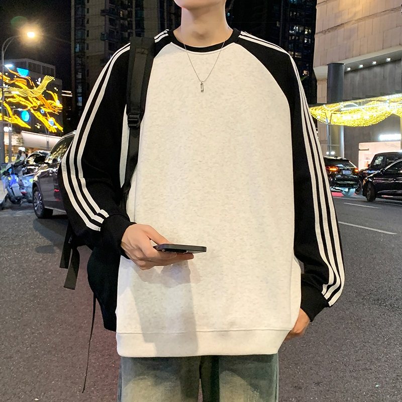 春秋季圆领卫衣复古纯色条纹拼接宽松打底衫美式潮牌长袖t恤男女