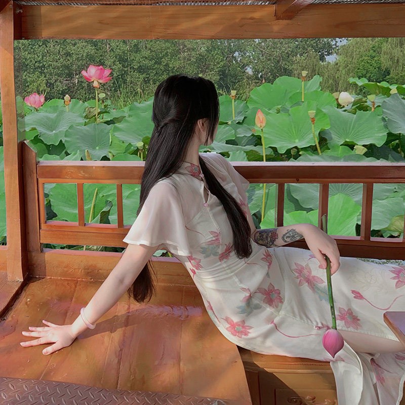 麓津自制《夏与荷》中式国风改良素雅旗袍新款年轻款少女长