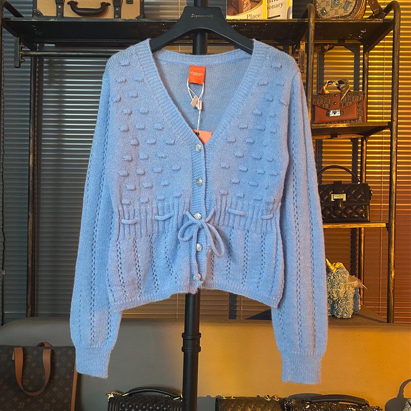 短款宽松针织开衫蓝色上衣女春装2025新款开春超火针织衫毛衣外套