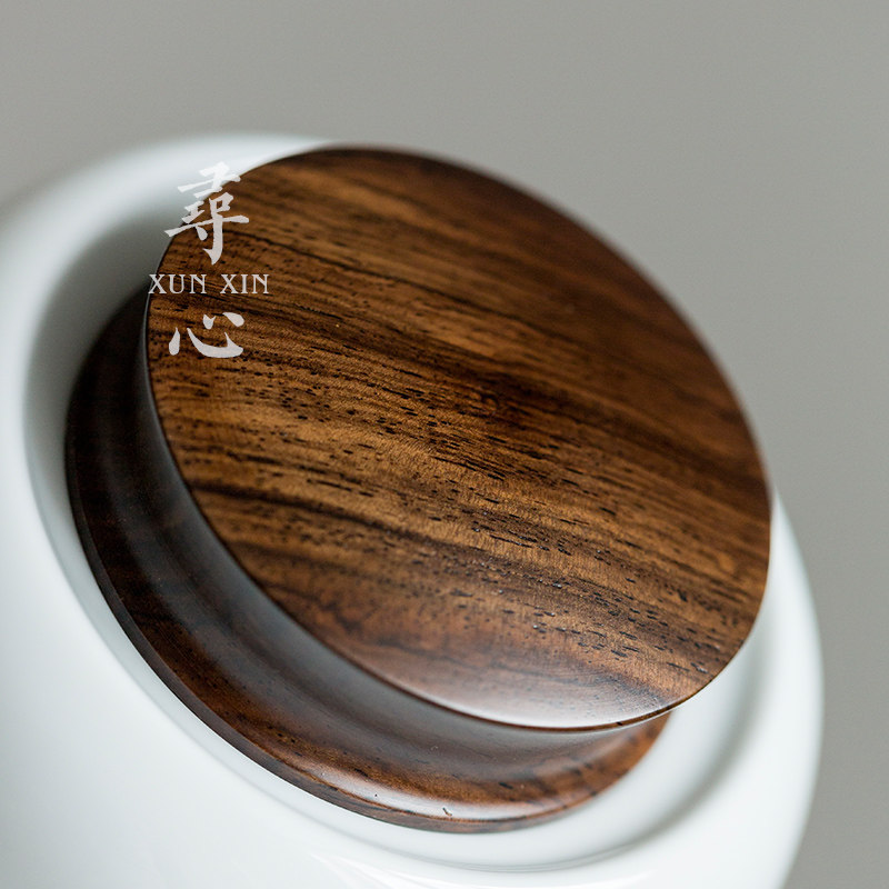 甜白瓷茶叶罐黑檀木盖密封罐大小号茶叶储茶N罐陶瓷茶罐茶仓醒茶