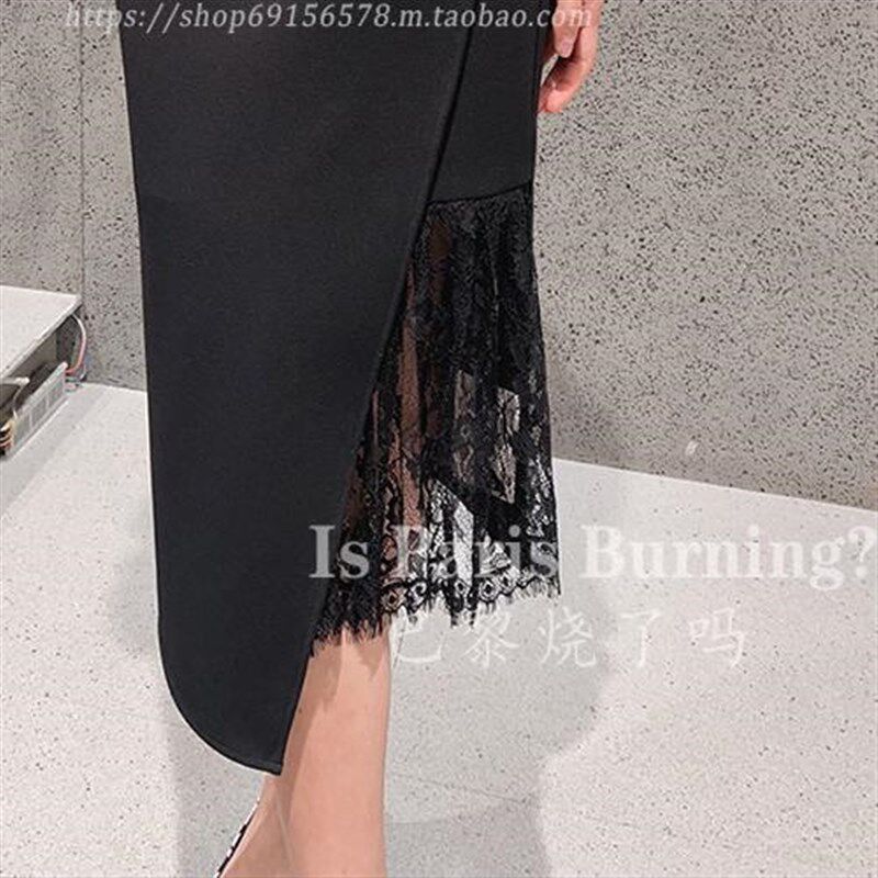 女主万搭!中长款不规则A字版通勤百搭拼接蕾丝设计黑色半身裙女