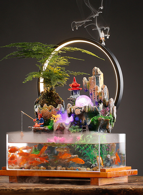 中式招财循环g流水生财摆件家居客厅小型鱼缸桌面景观装饰开业礼