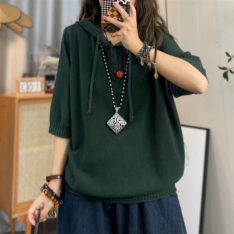 欣欣 春夏季新款连帽中袖针织衫女文艺休闲五分袖打底衫宽松纯色