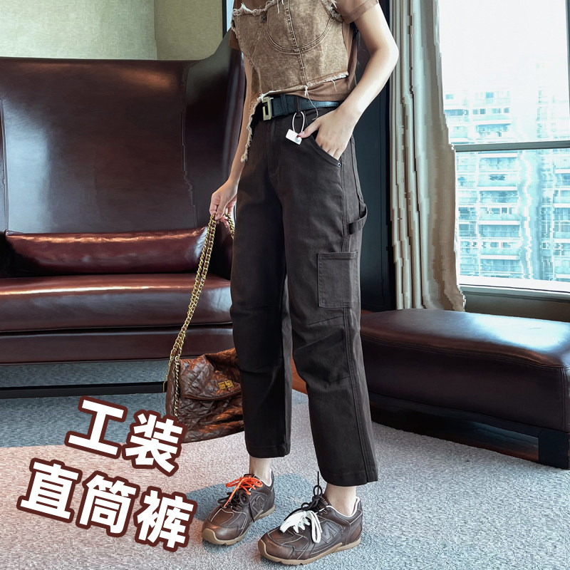 早秋新款阔腿牛仔裤女八九分小个子宽松高腰工装休闲直筒裤奶奶裤