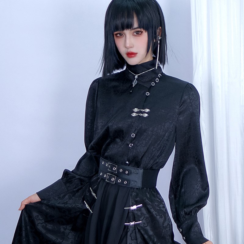 新中式黑色打底衬衣女高领长袖国风金属盘扣设计感改良汉服外穿