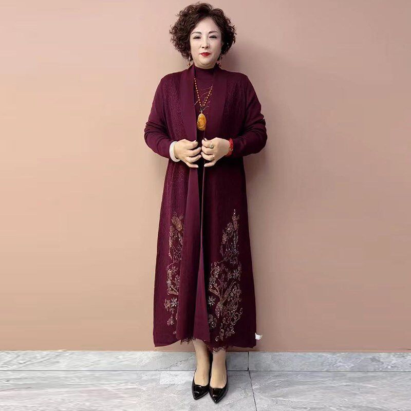 高端妈妈婚宴礼服重工提花针织连衣裙秋冬大码长款外披宽松两件套