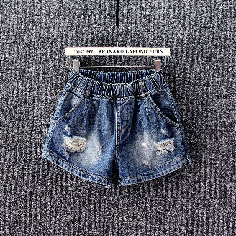 松紧腰牛仔短裤女宽松大码胖mm热裤韩版显瘦破洞牛仔裤直筒裤2021