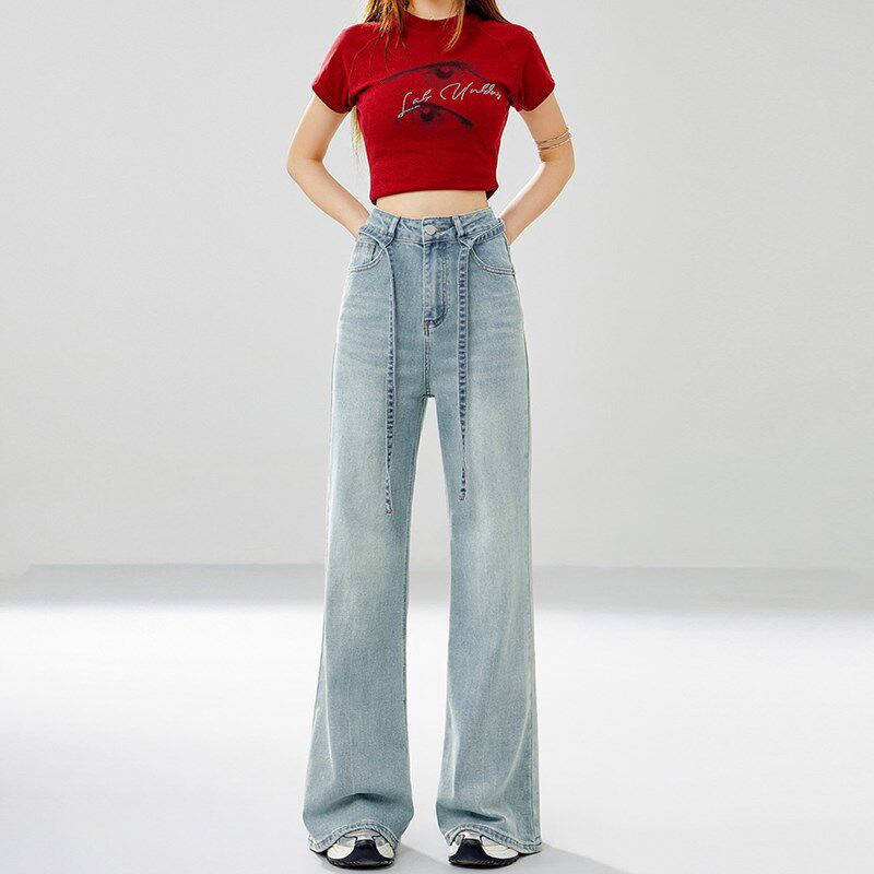 浅蓝色高腰微喇牛仔裤女春夏新款宽松阔腿不贴腿直筒拖地喇叭裤子