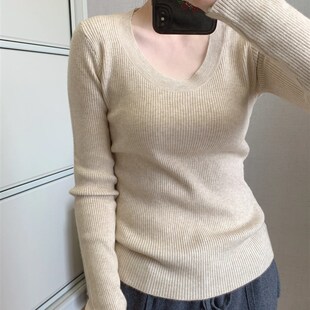 2024新款低圆领打底衫女秋冬高级感修身内搭毛衣U领别致绝美针织