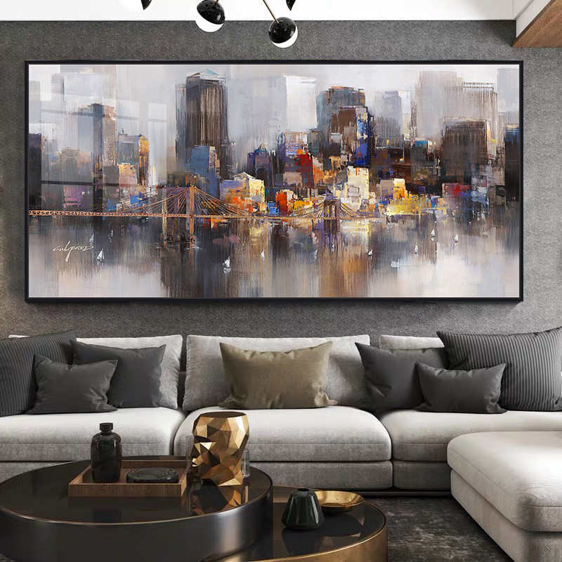 抽象城市建筑装饰画沙发后面的墙上挂画现K代美式客厅大气横版壁