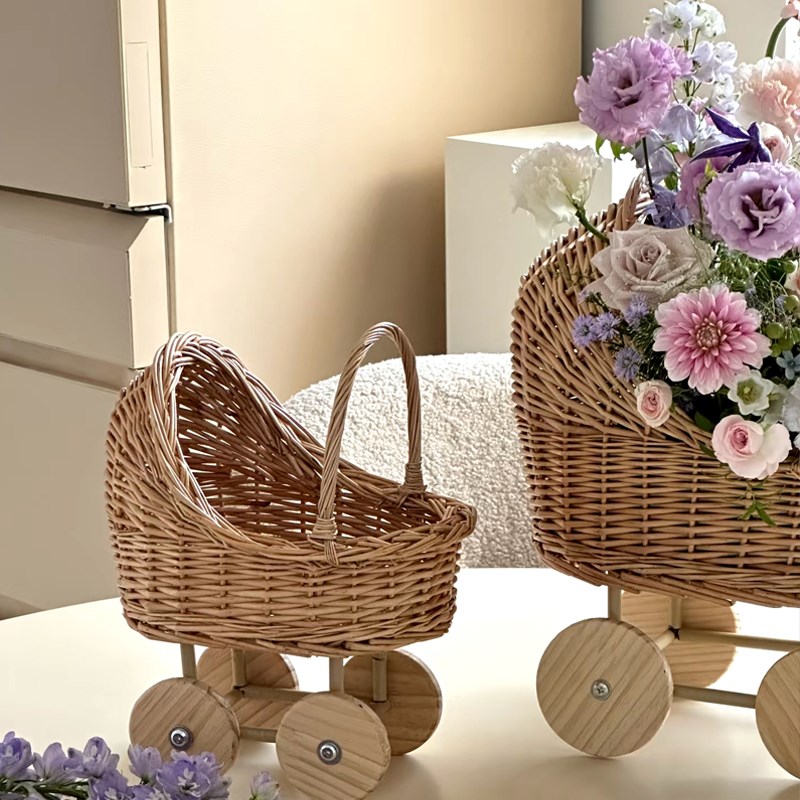 摇篮鸡蛋花篮柳编diy手提花篮坐月子婴儿小推车收纳篮.子婴儿车篮