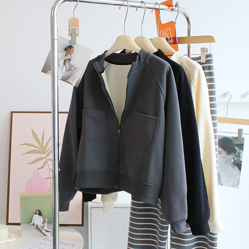 立领短款棒球服外套女秋冬季加绒加厚宽松休闲夹克衫拉链卫衣开衫