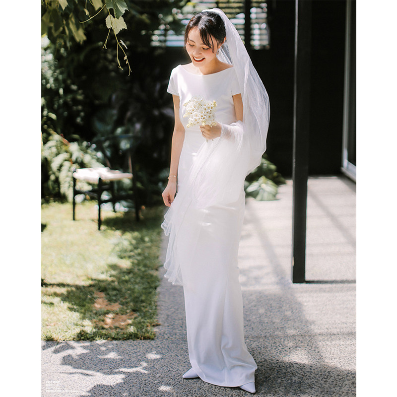 【白小仙】2021新款旅拍简约鱼尾户外草坪婚礼新娘出门法式轻婚纱