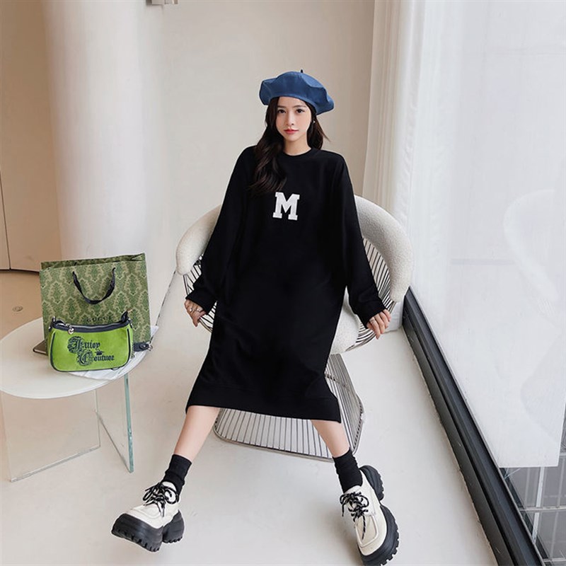 胖mm连衣裙女拼接裙摆大码女装新款韩版2024显瘦T恤裙长袖卫衣裙